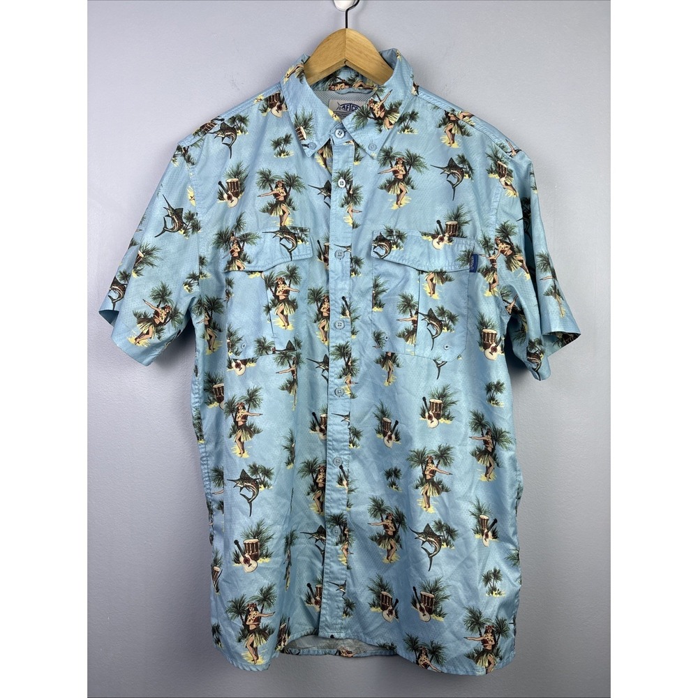 Aftco Bluewater Aloha Hawaiian Marlin Shirt sleeve Shirt Mens Medium USA